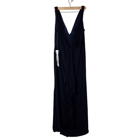 Mac Duggal Ruched Deep V Neck Gown Sleeveless Dress Leg Slit Navy Blue Size 12 - Picture 5 of 11